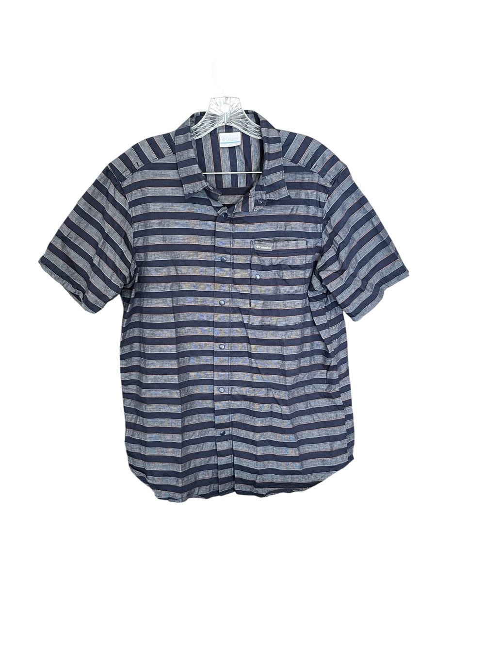 Columbia Snap Front Shirt Men L Blue White Striped Outdoor Fishing Casual